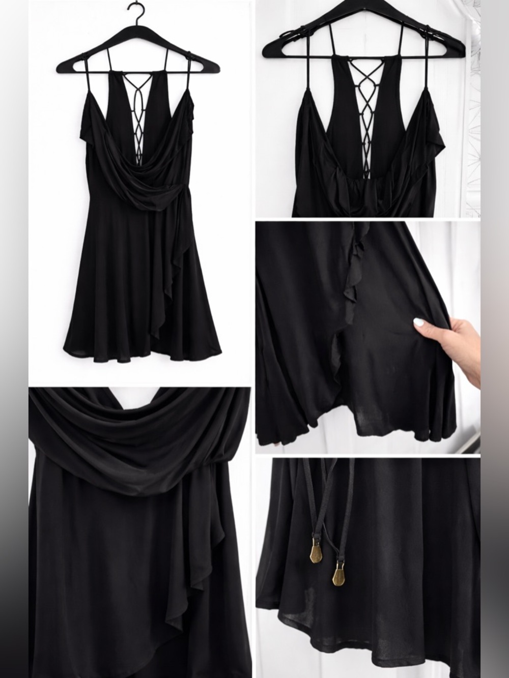 Black Lace-Up Back Flowy Mini Dress Draped Front Size Med Orig$58